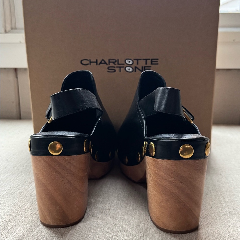 Charlotte Stone Black Leather Mules with Gold Studs - Picture 4 of 6